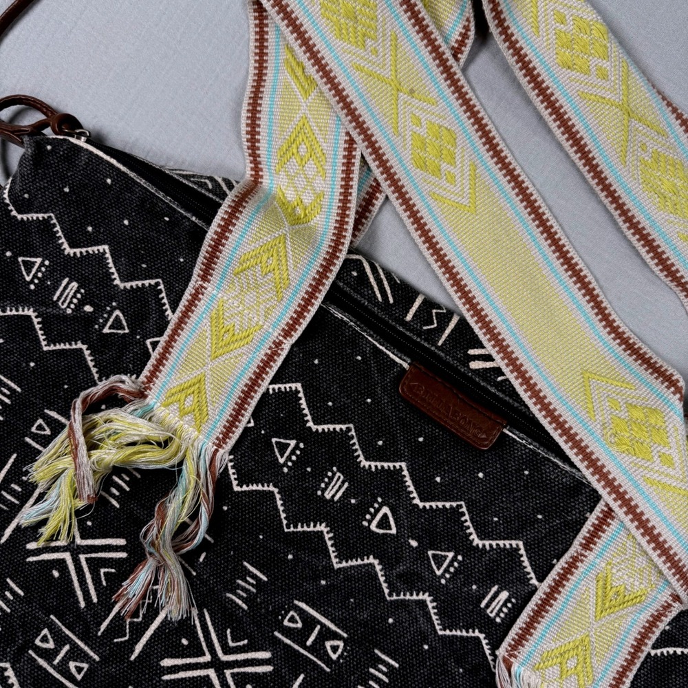 Billabong Womens Tote‎ Bag Black Woven Canvas Tribal Boho Fringed Straps Surfer